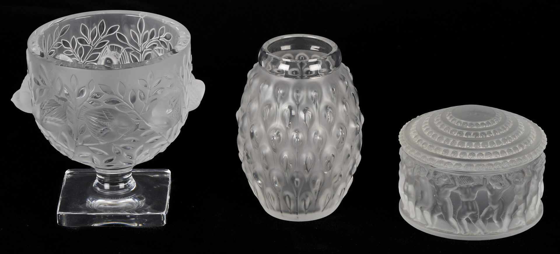 Lot 1015: Three Lalique Items: “Figuera” Vase, “Elizabeth Bowl”, “Enfants” Dresser Box
