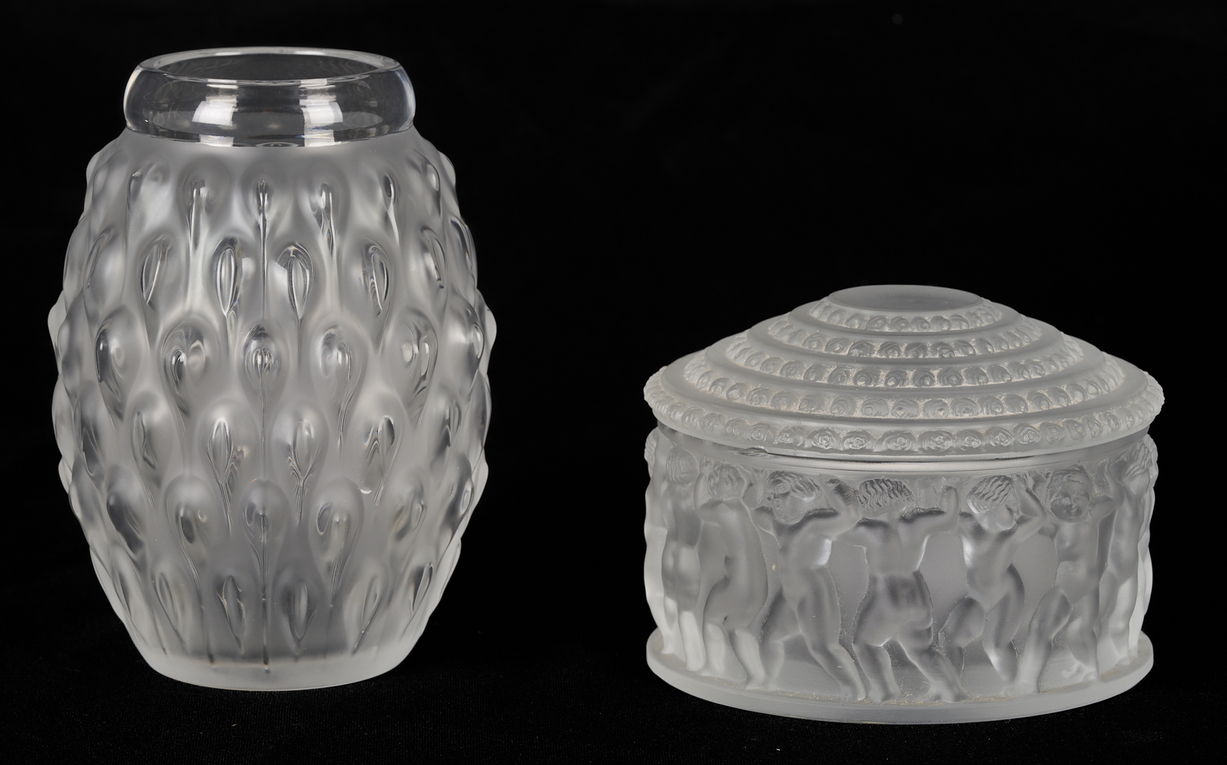 Lot 1015: Three Lalique Items: “Figuera” Vase, “Elizabeth Bowl”, “Enfants” Dresser Box