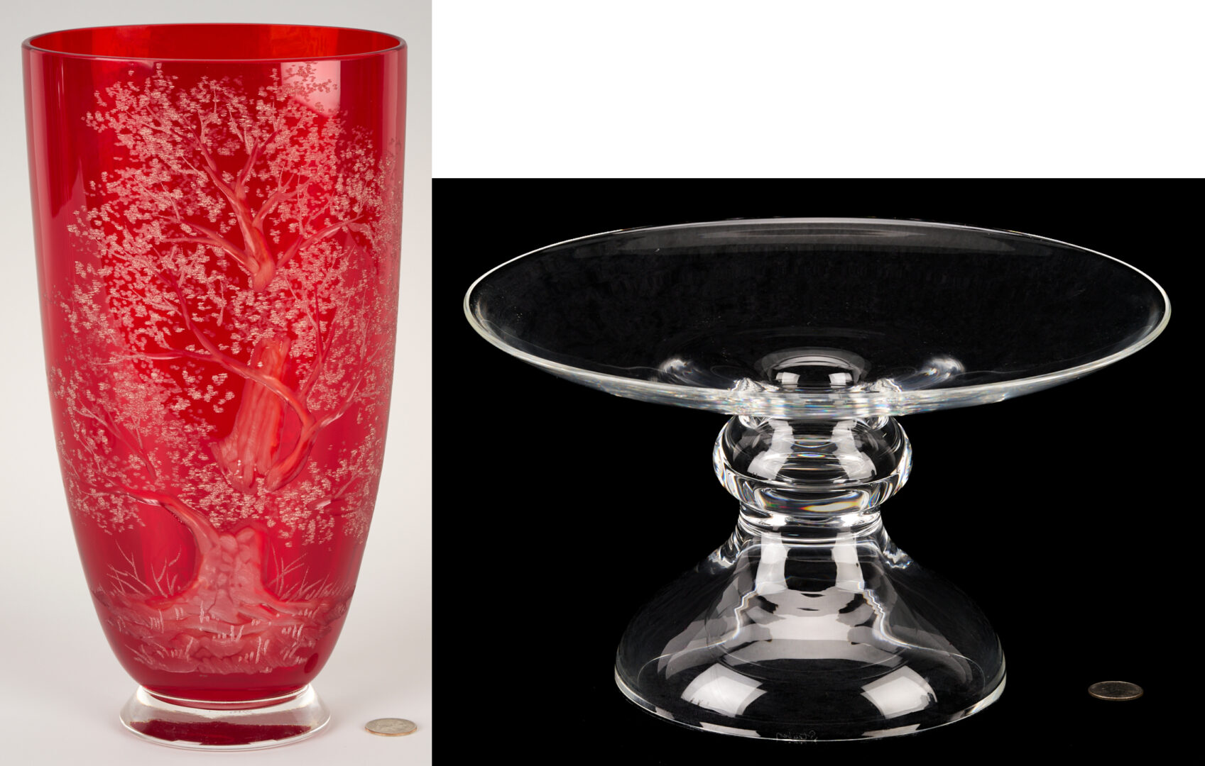 Lot 1016: Signed Large Red Art Glass Vase & Steuben Compote