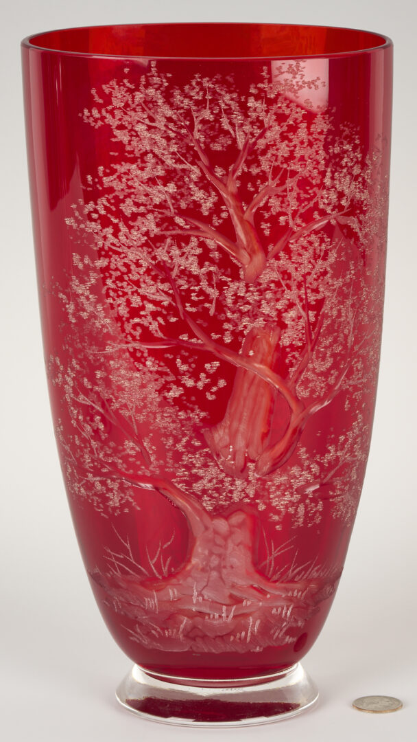 Lot 1016: Signed Large Red Art Glass Vase & Steuben Compote