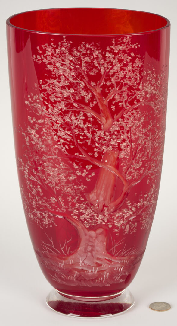 Lot 1016: Signed Large Red Art Glass Vase & Steuben Compote