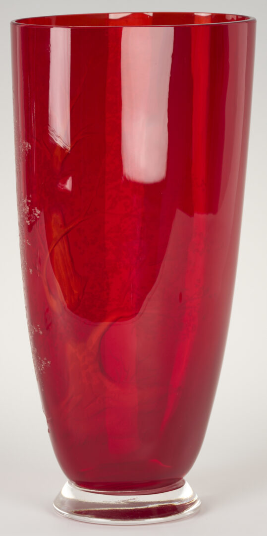 Lot 1016: Signed Large Red Art Glass Vase & Steuben Compote