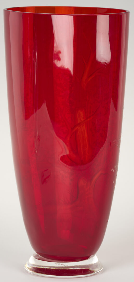 Lot 1016: Signed Large Red Art Glass Vase & Steuben Compote