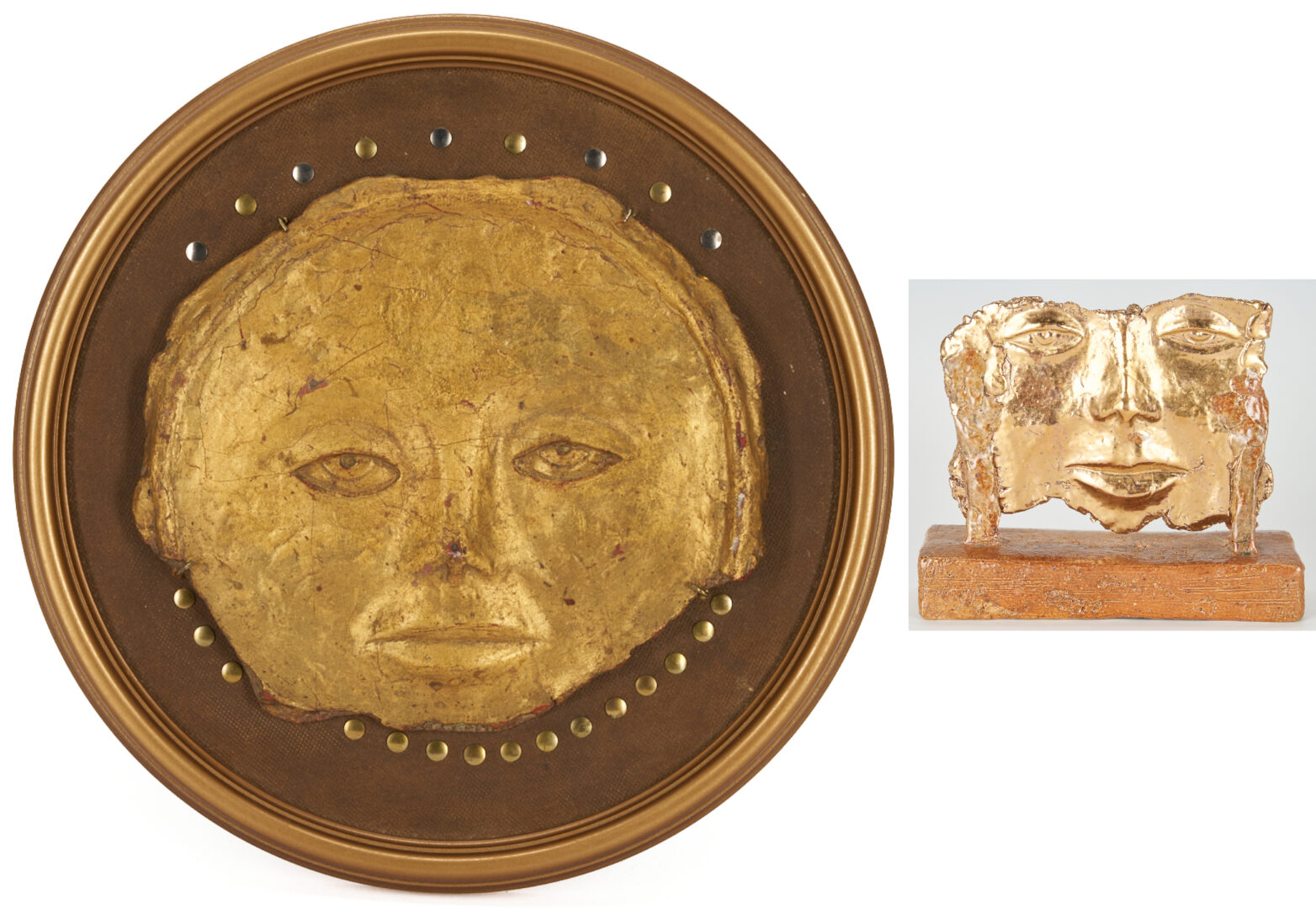 Lot 1017: 2 Olen Bryant Gilt Face Mask Sculptures Incl. Signed