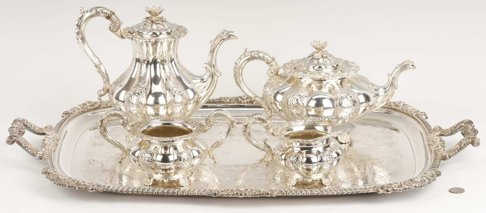 Lot 101: 4 Pc. Barker Ellis Sterling Silver Tea Set w/ Silverplate Tray