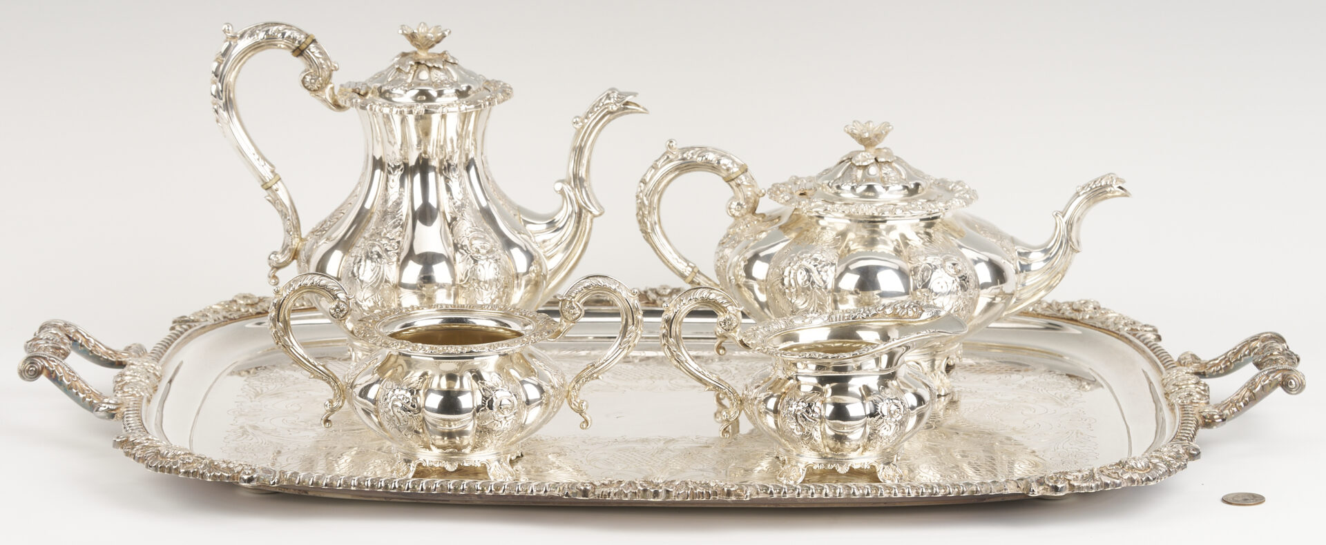 Lot 101: 4 Pc. Barker Ellis Sterling Silver Tea Set w/ Silverplate Tray