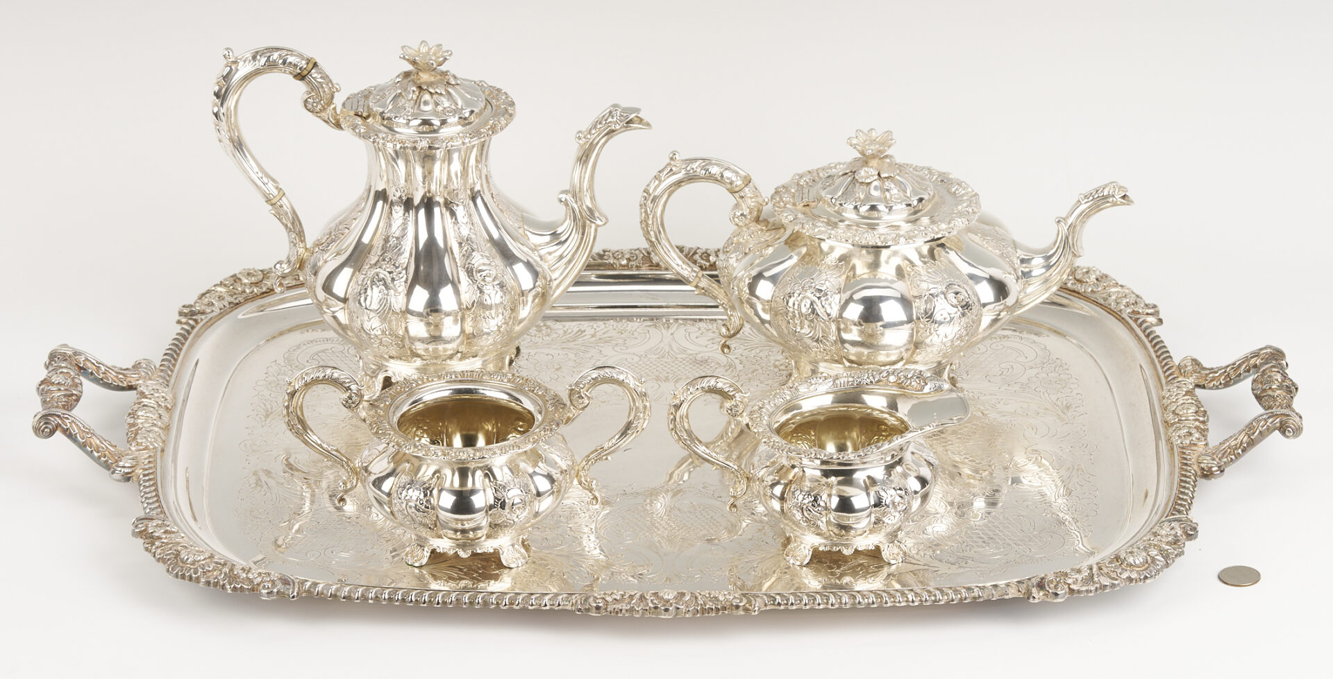 Lot 101: 4 Pc. Barker Ellis Sterling Silver Tea Set w/ Silverplate Tray