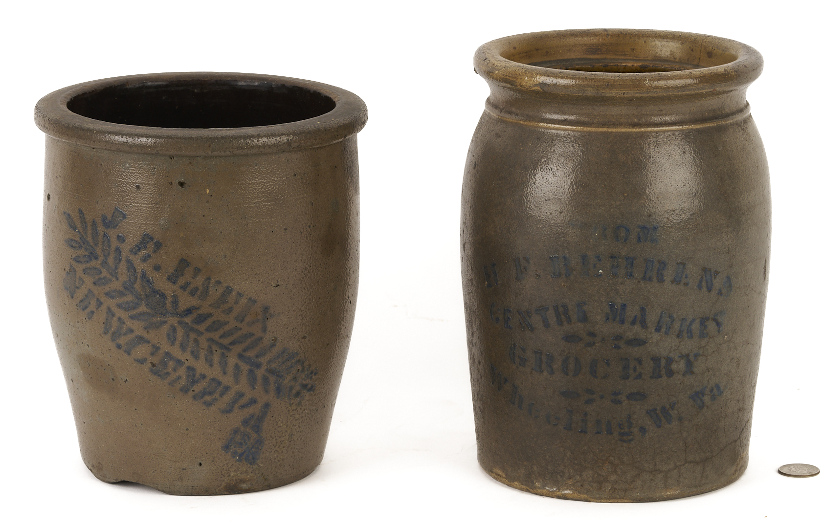 Lot 1055: 2 Stenciled Advertising Stoneware Jars, PA & West VA