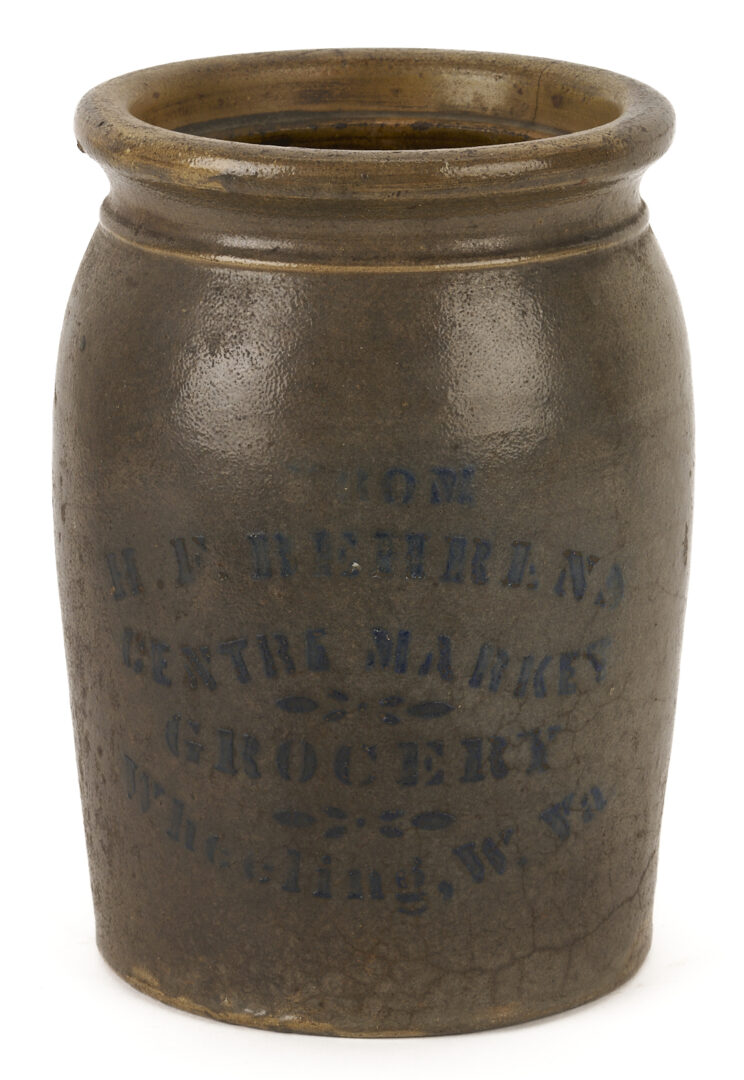 Lot 1055: 2 Stenciled Advertising Stoneware Jars, PA & West VA