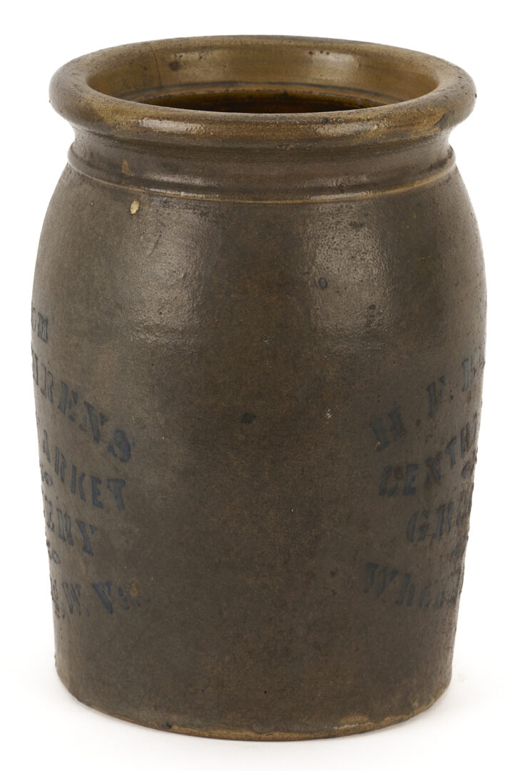 Lot 1055: 2 Stenciled Advertising Stoneware Jars, PA & West VA