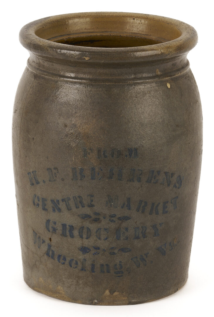 Lot 1055: 2 Stenciled Advertising Stoneware Jars, PA & West VA