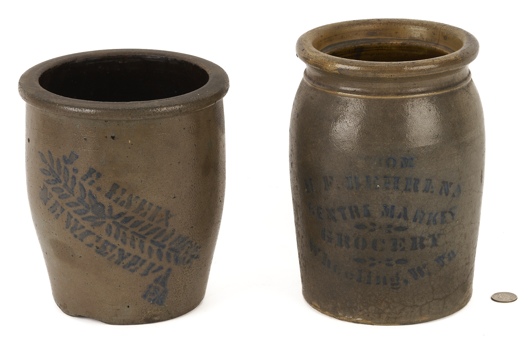 Lot 1055: 2 Stenciled Advertising Stoneware Jars, PA & West VA