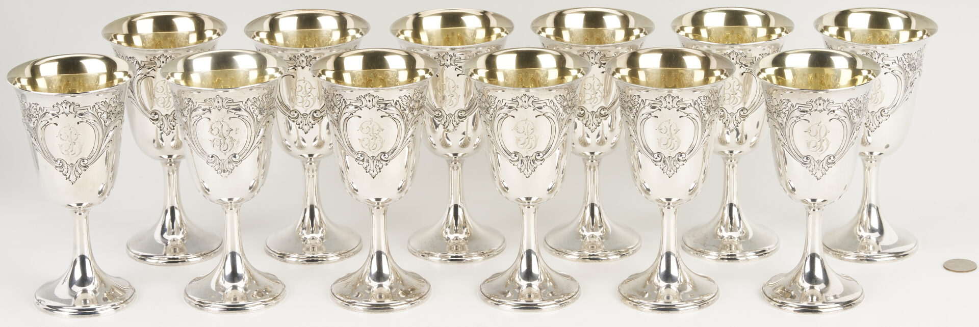 Lot 106: 12 Watrous Repousse Sterling Silver Goblets