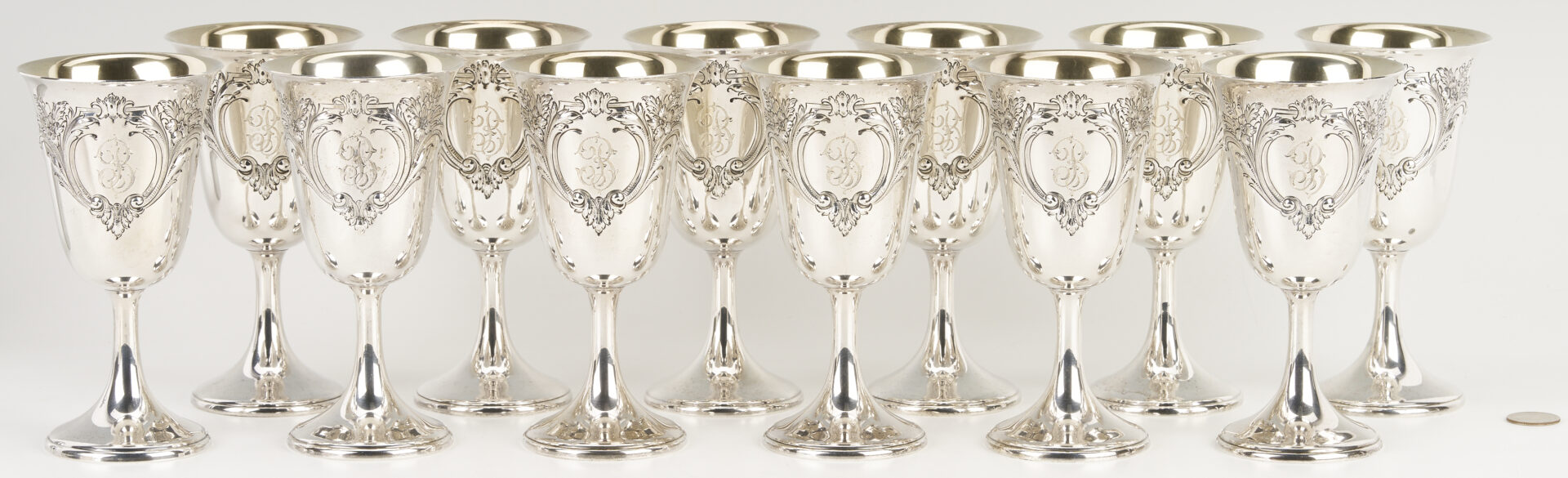 Lot 106: 12 Watrous Repousse Sterling Silver Goblets