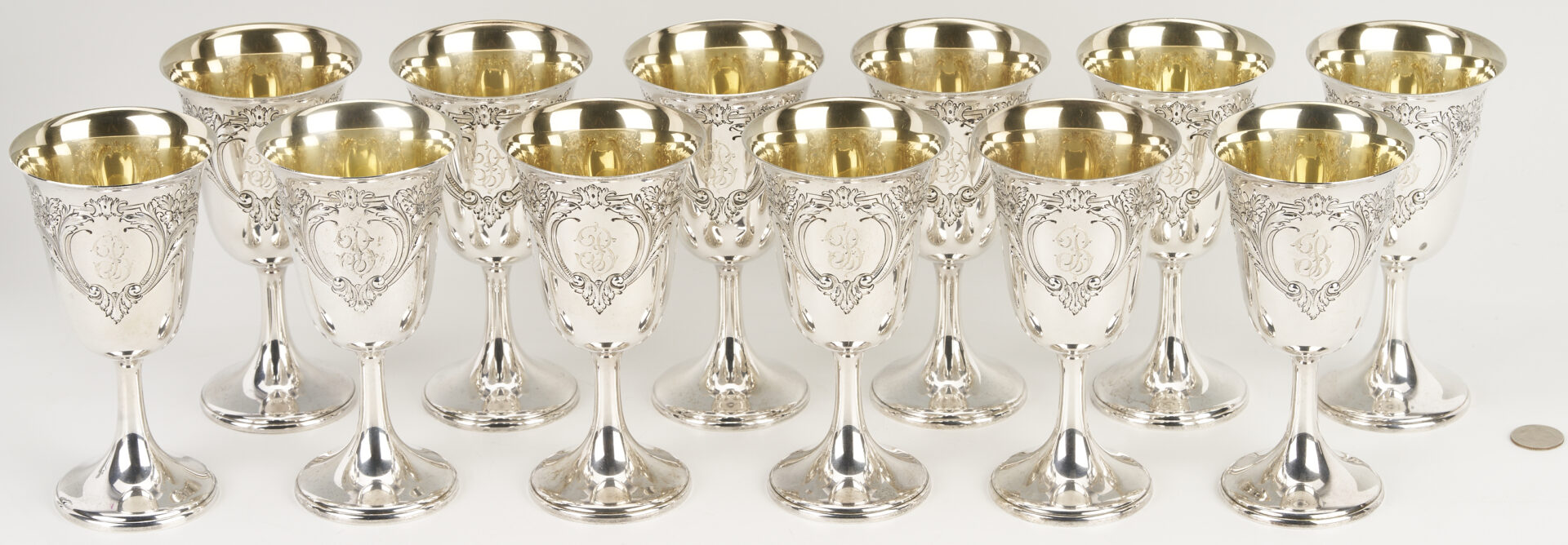 Lot 106: 12 Watrous Repousse Sterling Silver Goblets