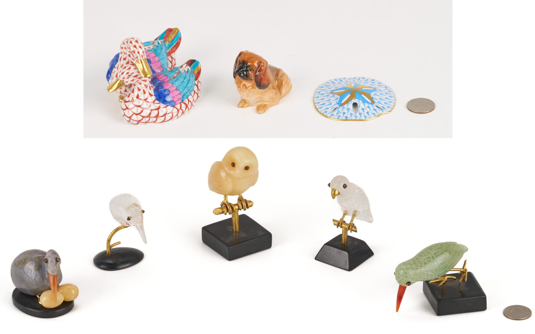 Lot 1073: 8 Porcelain & Hardstone Figures: Herend, Royal Doulton, Birds