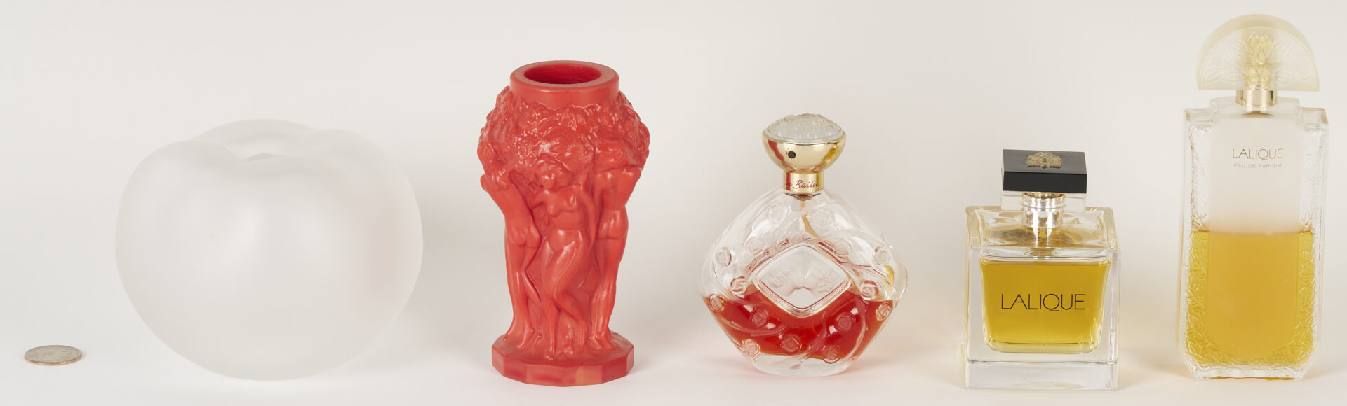 Lot 1074: 4 Lalique Perfume Bottles & 1 Desna Art Glass Vase