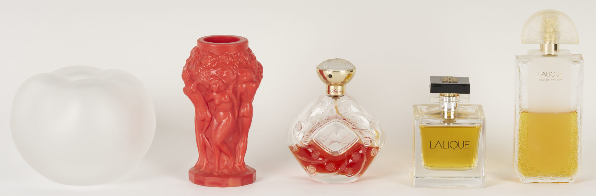 Lot 1074: 4 Lalique Perfume Bottles & 1 Desna Art Glass Vase