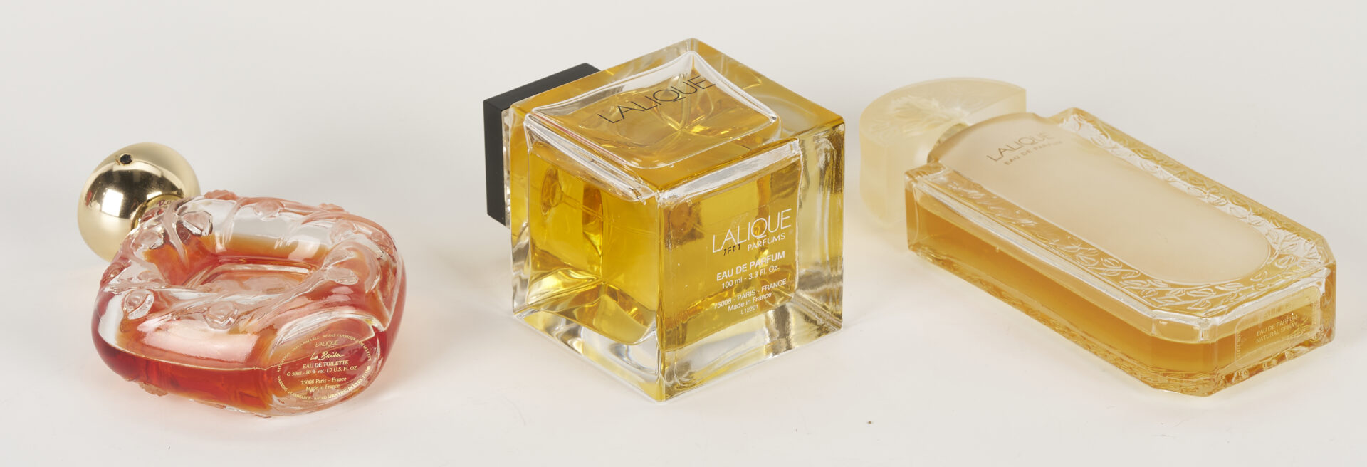 Lot 1074: 4 Lalique Perfume Bottles & 1 Desna Art Glass Vase