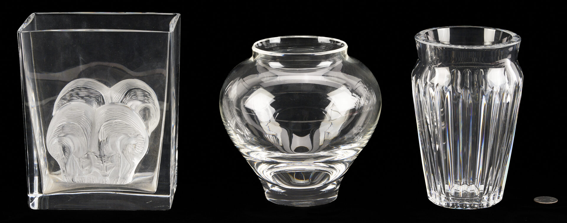 Lot 1075: 3 Clear Art Glass Vases: Lalique, Baccarat, & Steuben