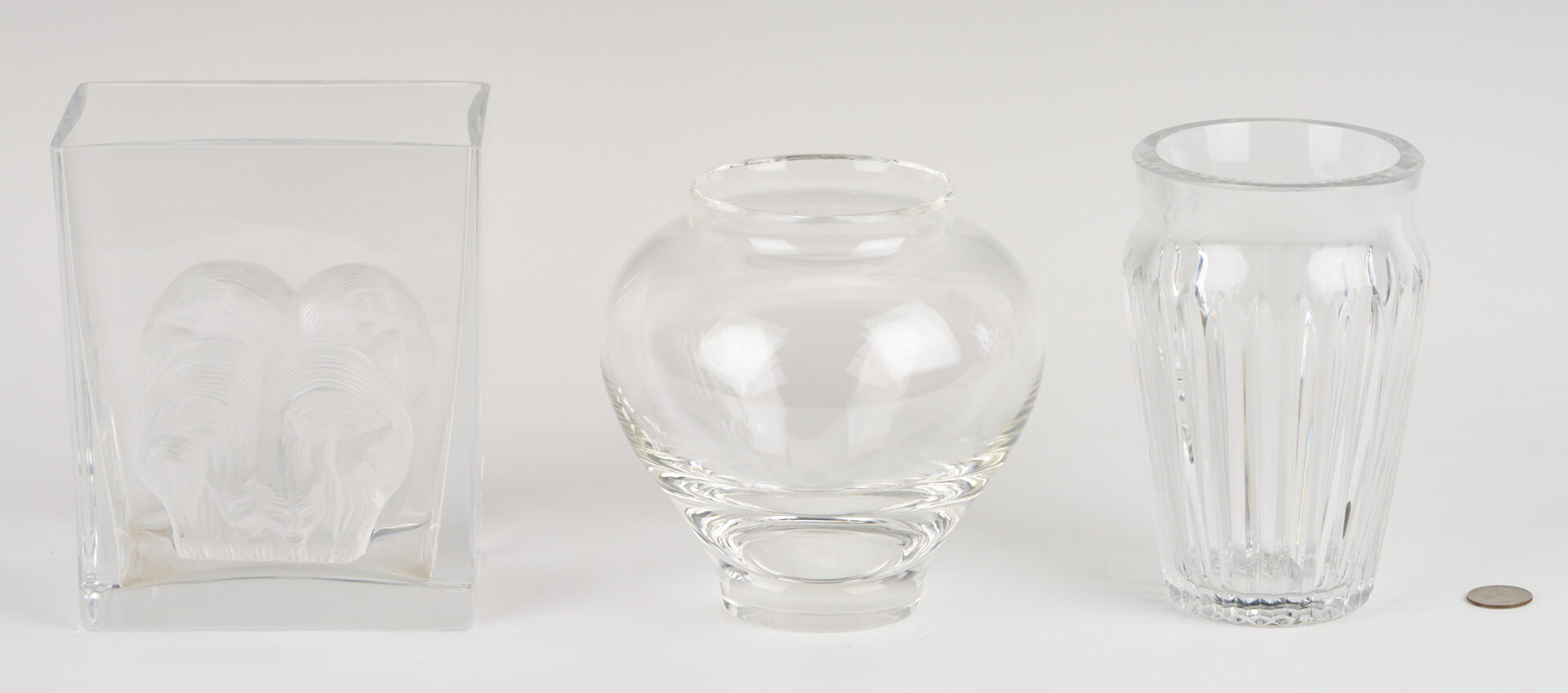 Lot 1075: 3 Clear Art Glass Vases: Lalique, Baccarat, & Steuben
