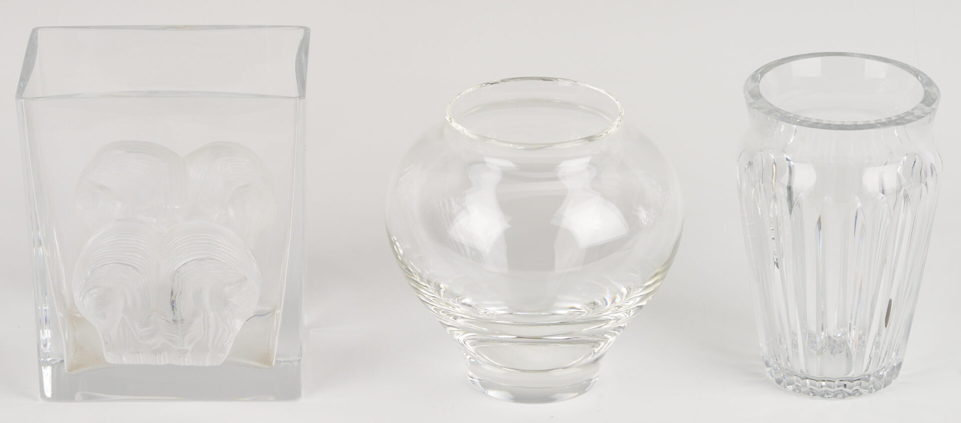 Lot 1075: 3 Clear Art Glass Vases: Lalique, Baccarat, & Steuben