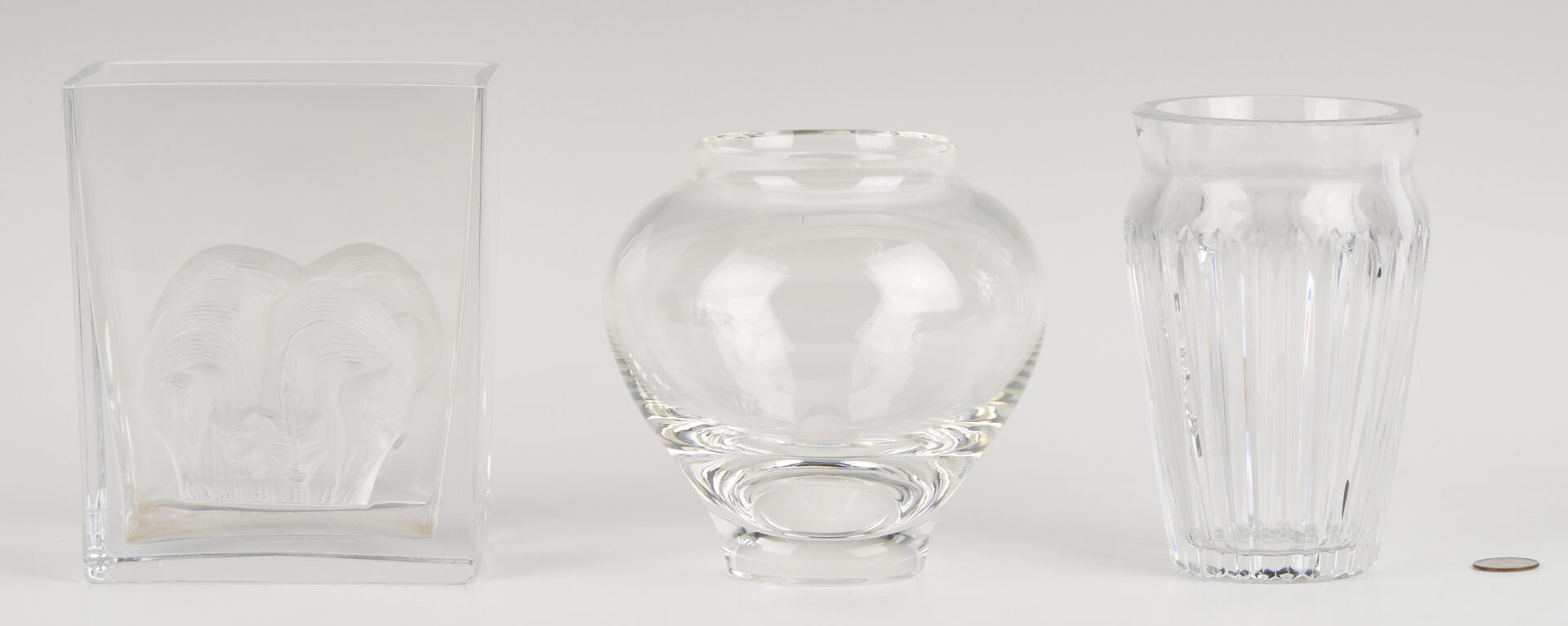 Lot 1075: 3 Clear Art Glass Vases: Lalique, Baccarat, & Steuben