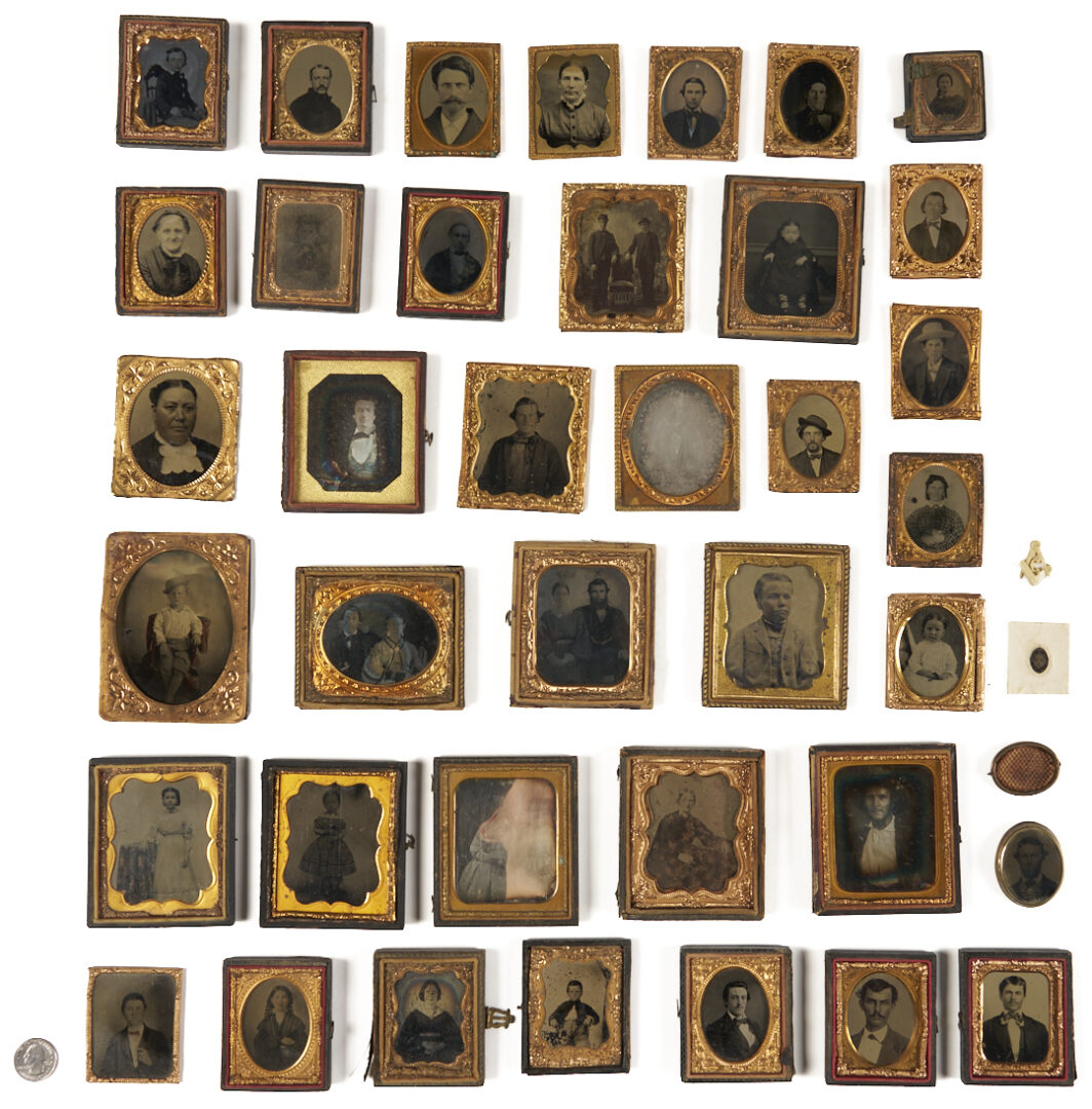Lot 1082: Collection of 38 Tintypes, Ambrotypes, Daguerreotypes plus Carved Masonic