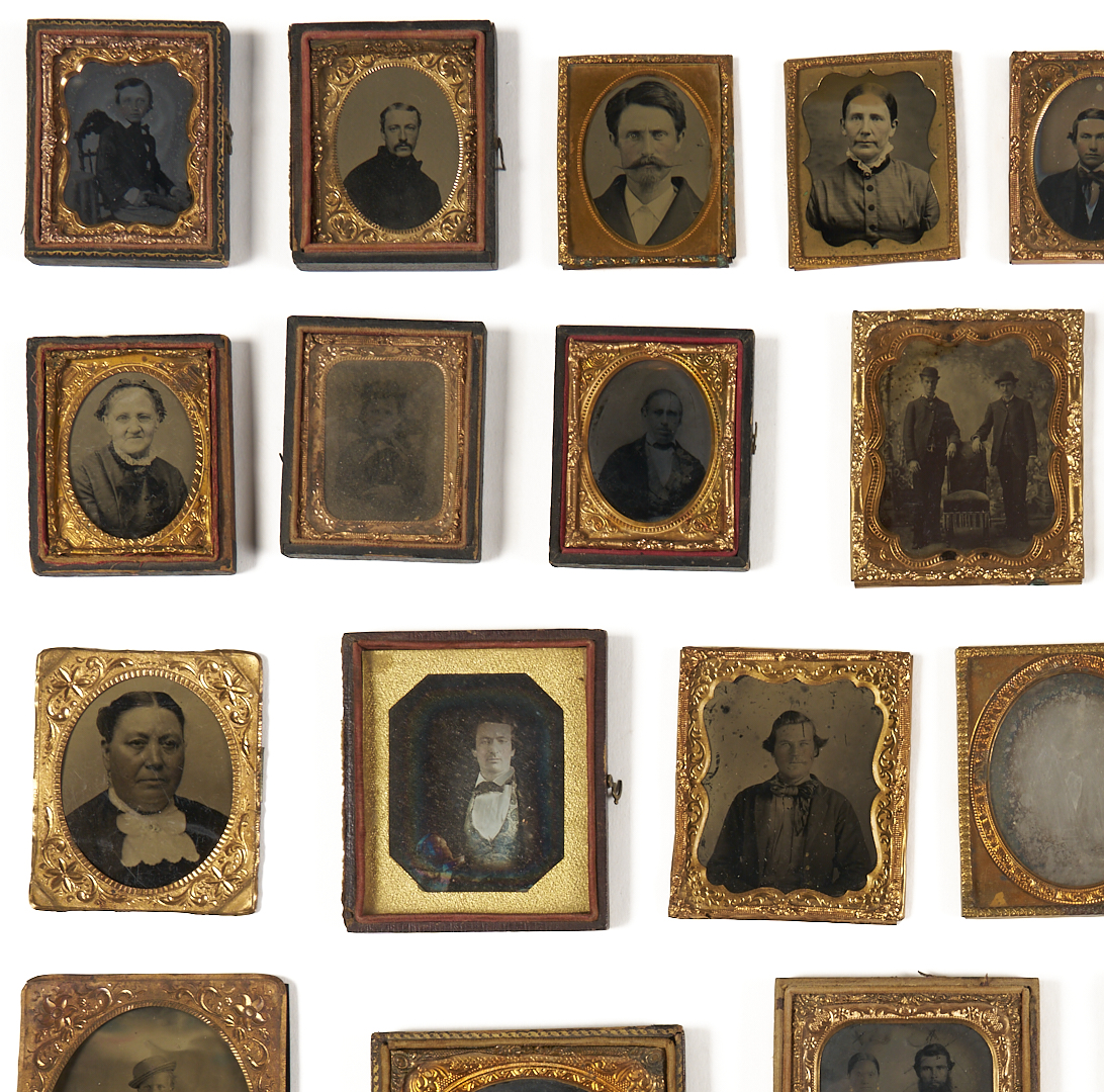 Lot 1082: Collection of 38 Tintypes, Ambrotypes, Daguerreotypes plus Carved Masonic