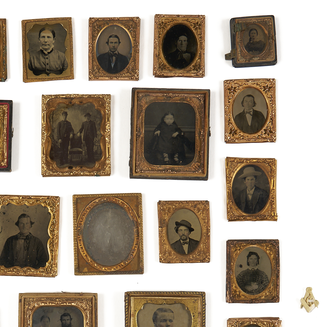 Lot 1082: Collection of 38 Tintypes, Ambrotypes, Daguerreotypes plus Carved Masonic