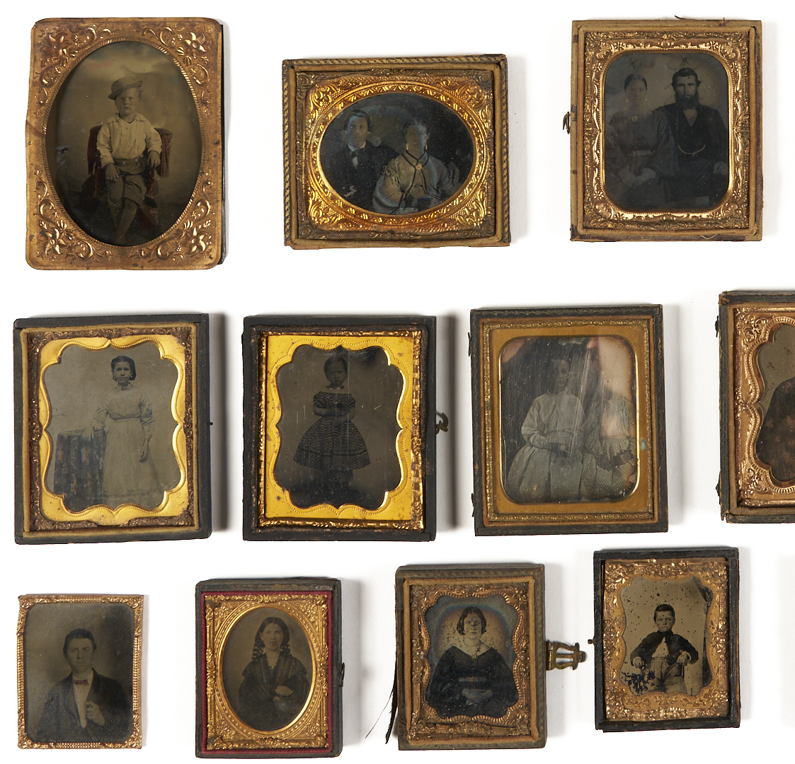 Lot 1082: Collection of 38 Tintypes, Ambrotypes, Daguerreotypes plus Carved Masonic