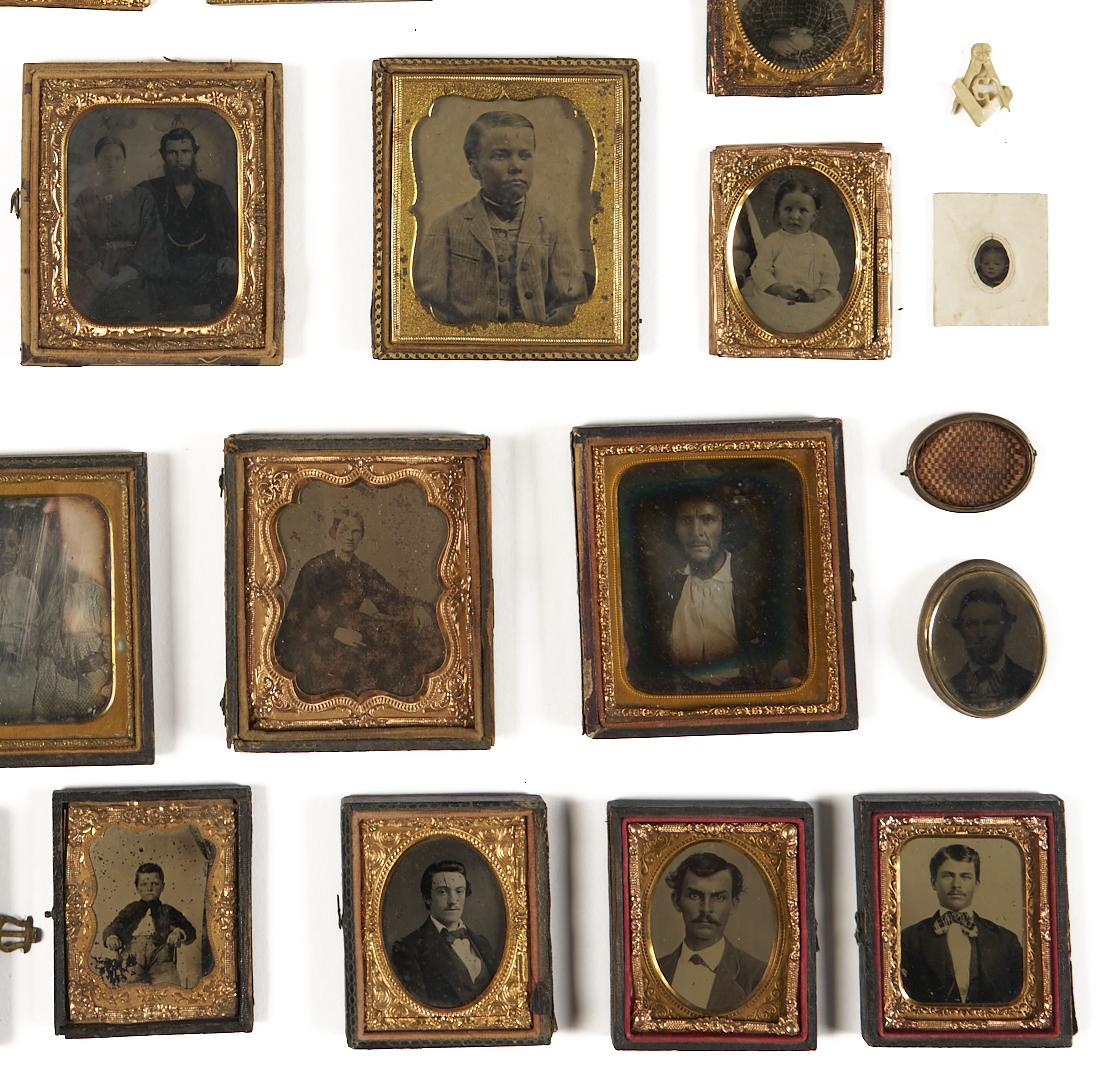 Lot 1082: Collection of 38 Tintypes, Ambrotypes, Daguerreotypes plus Carved Masonic