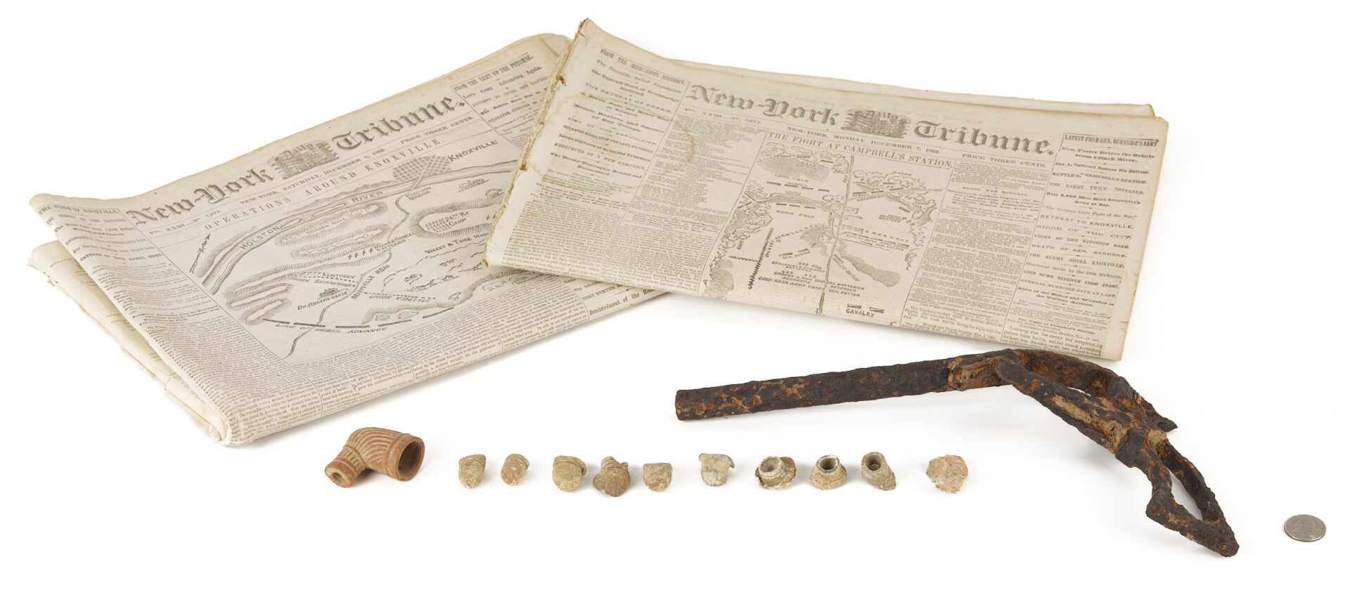 Lot 1084: 2 Newspapers, Relic Revolver, Minie balls and Clay Pipe, Hollybrook Farm, Blount Co.
