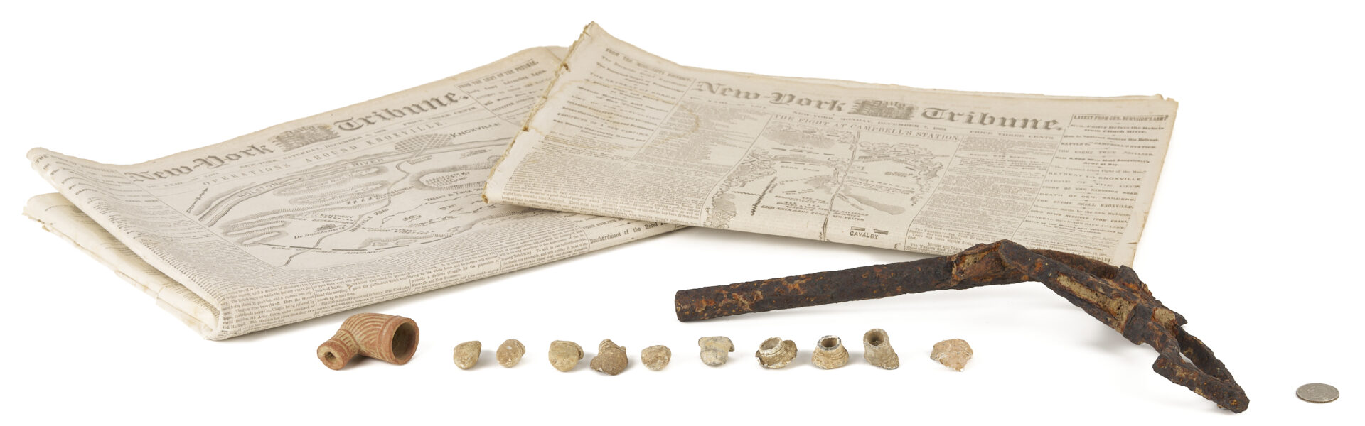 Lot 1084: 2 Newspapers, Relic Revolver, Minie balls and Clay Pipe, Hollybrook Farm, Blount Co.
