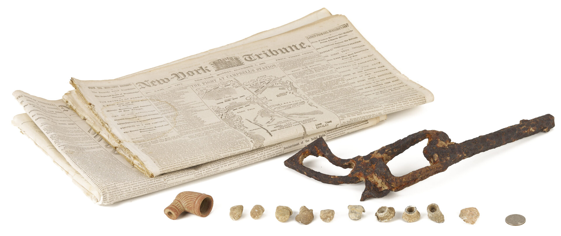 Lot 1084: 2 Newspapers, Relic Revolver, Minie balls and Clay Pipe, Hollybrook Farm, Blount Co.