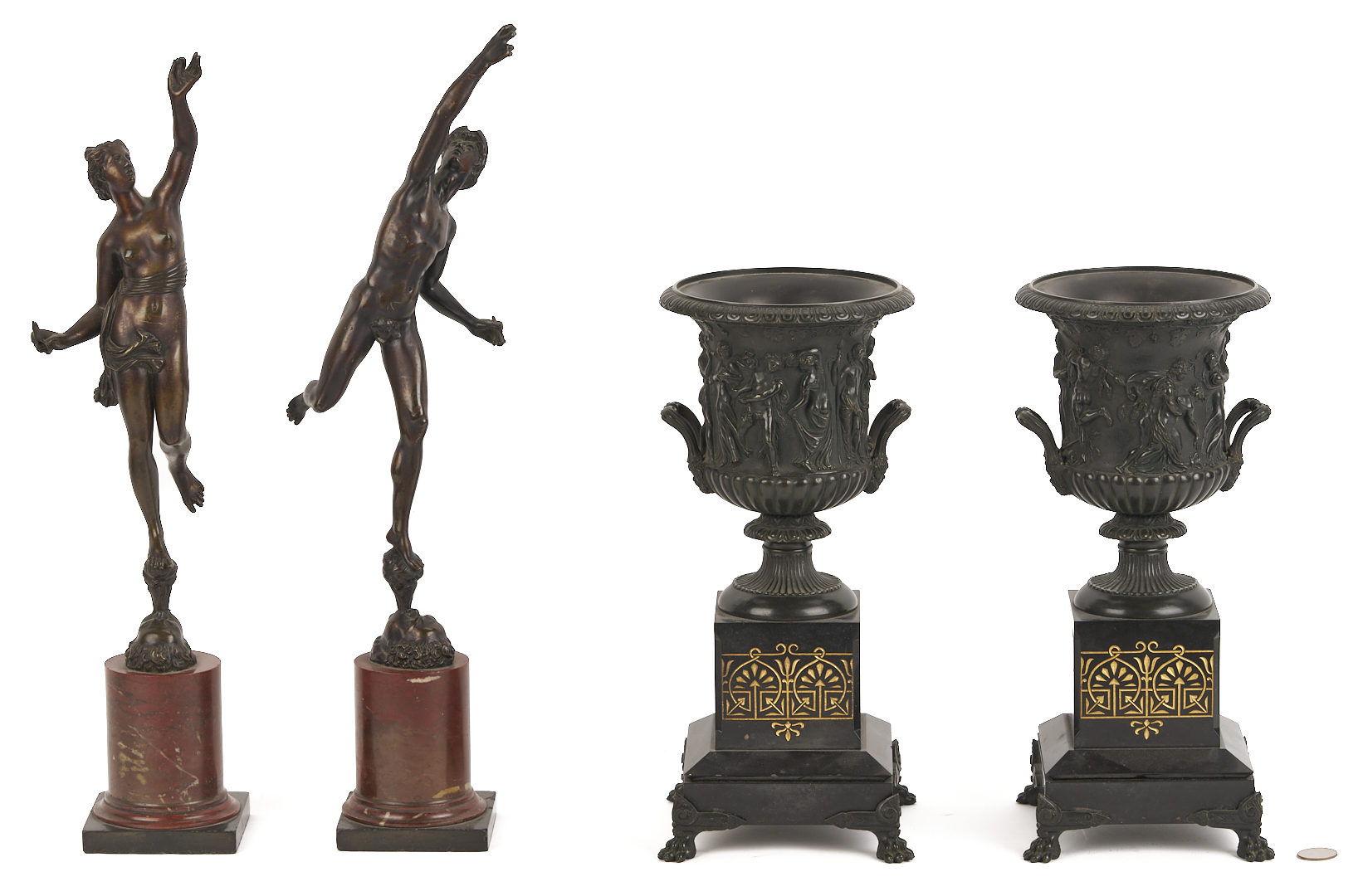 Lot 108: Pr. Bronze Grand Tour Bronze Figures Plus Pair of Urns
