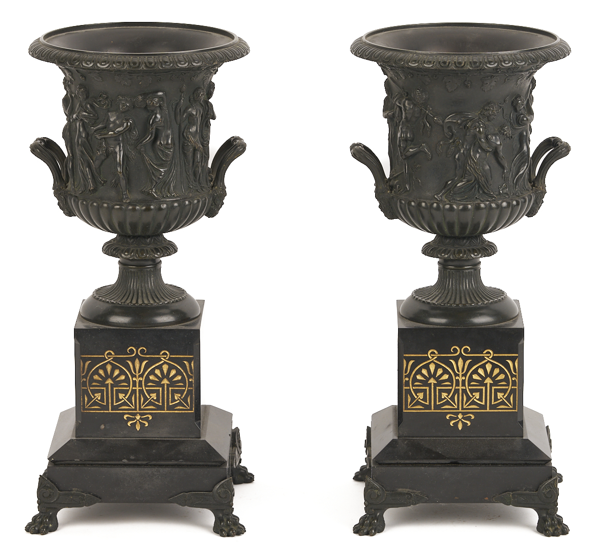 Lot 108: Pr. Bronze Grand Tour Bronze Figures Plus Pair of Urns