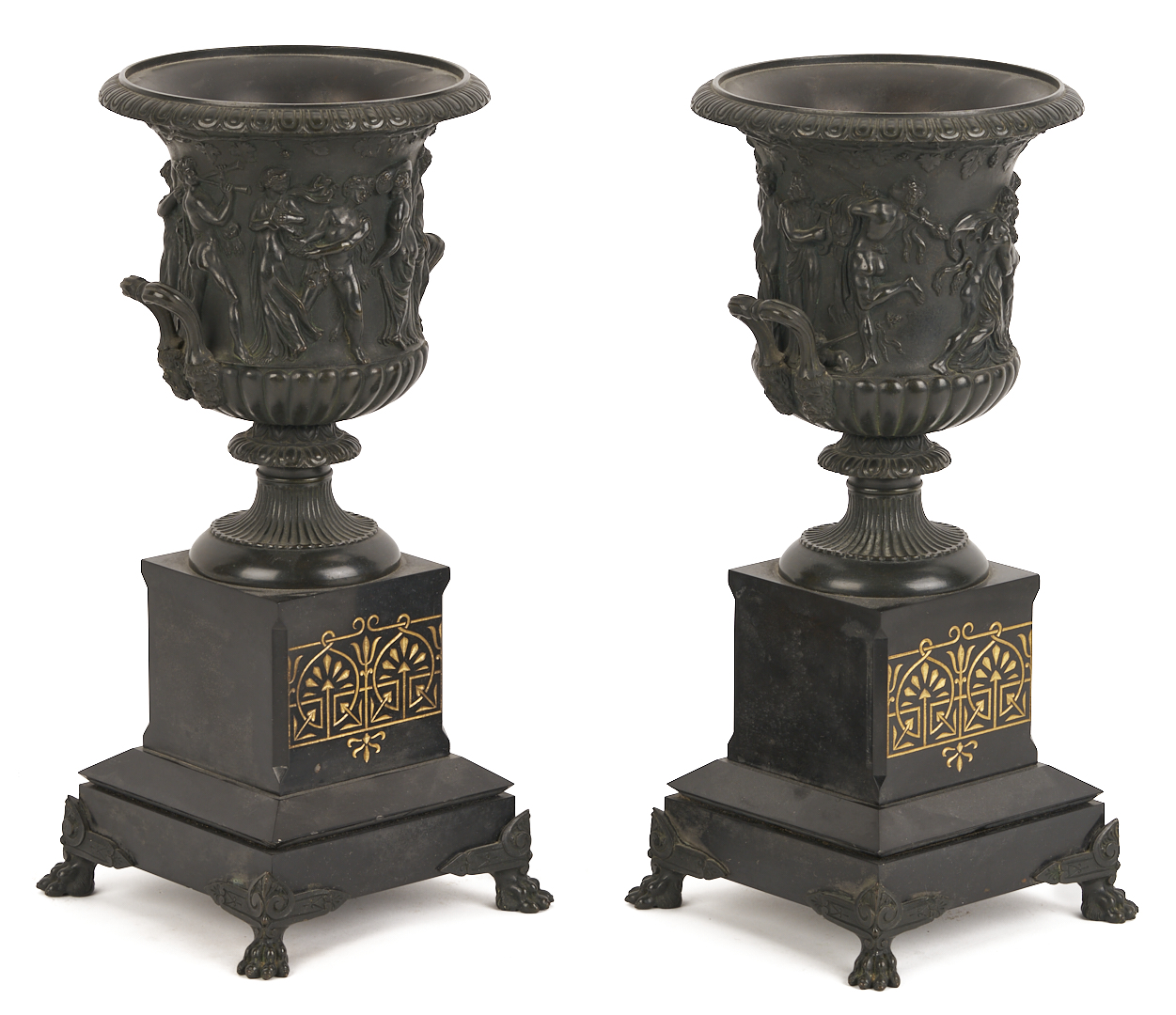 Lot 108: Pr. Bronze Grand Tour Bronze Figures Plus Pair of Urns