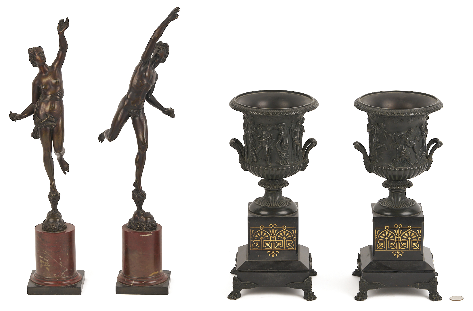 Lot 108: Pr. Bronze Grand Tour Bronze Figures Plus Pair of Urns
