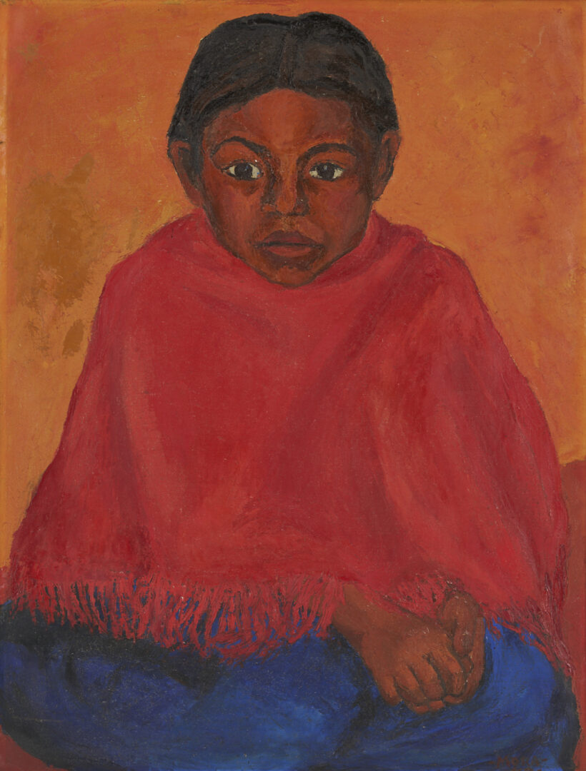 Lot 1094: Early Francisco Mora O/C Painting, Portrait of a Mexican Girl, 1947