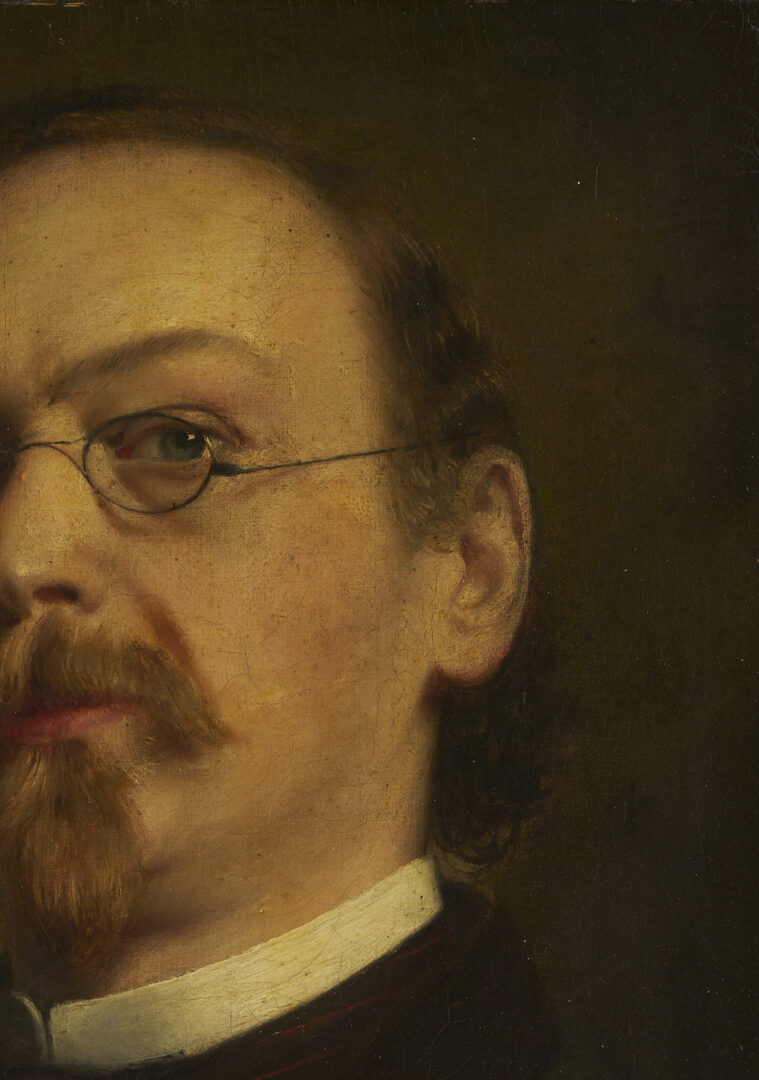 Lot 1099: O/C American School Portrait of Man, The Schoolmaster, 19th C.