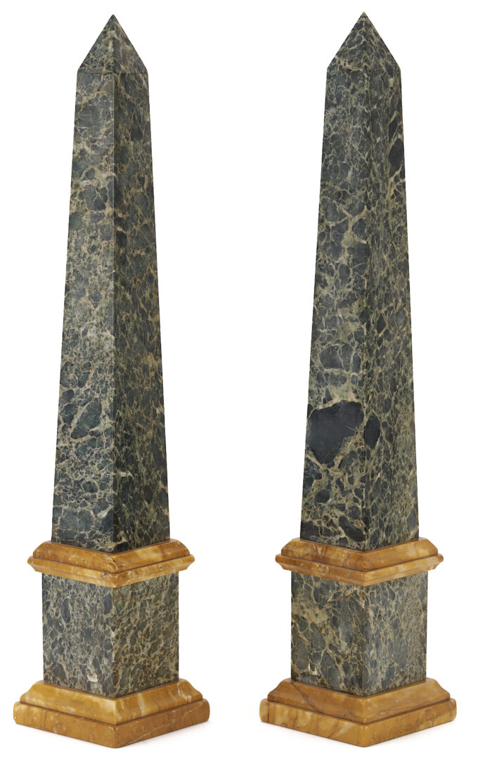 Lot 109: Pair of Large Green and Sienna Yellow Marble Obelisks