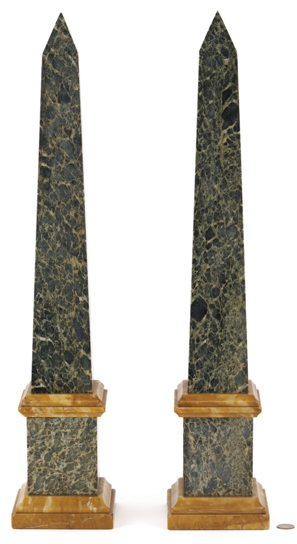 Lot 109: Pair of Large Green and Sienna Yellow Marble Obelisks