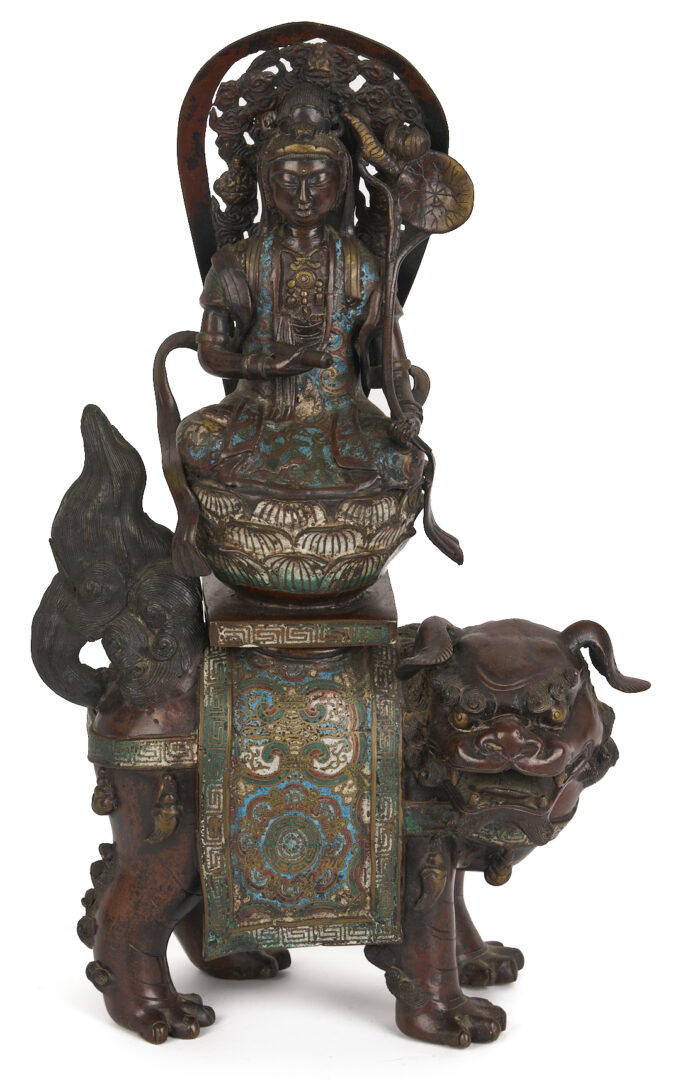Lot 10: Chinese Bronze & Champleve Statue, Guanyin w/ Foo Dog & Carved Stand