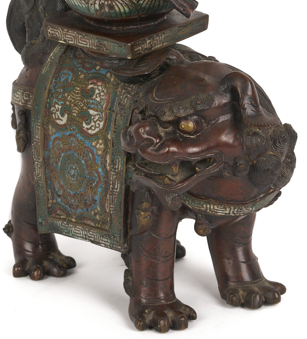 Lot 10: Chinese Bronze & Champleve Statue, Guanyin w/ Foo Dog & Carved Stand