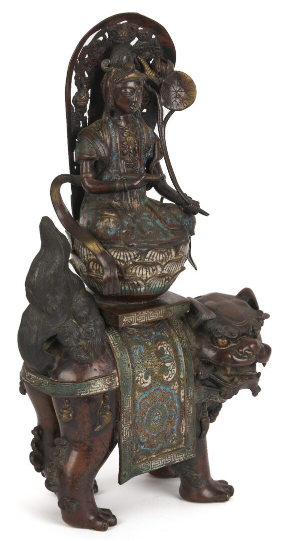 Lot 10: Chinese Bronze & Champleve Statue, Guanyin w/ Foo Dog & Carved Stand