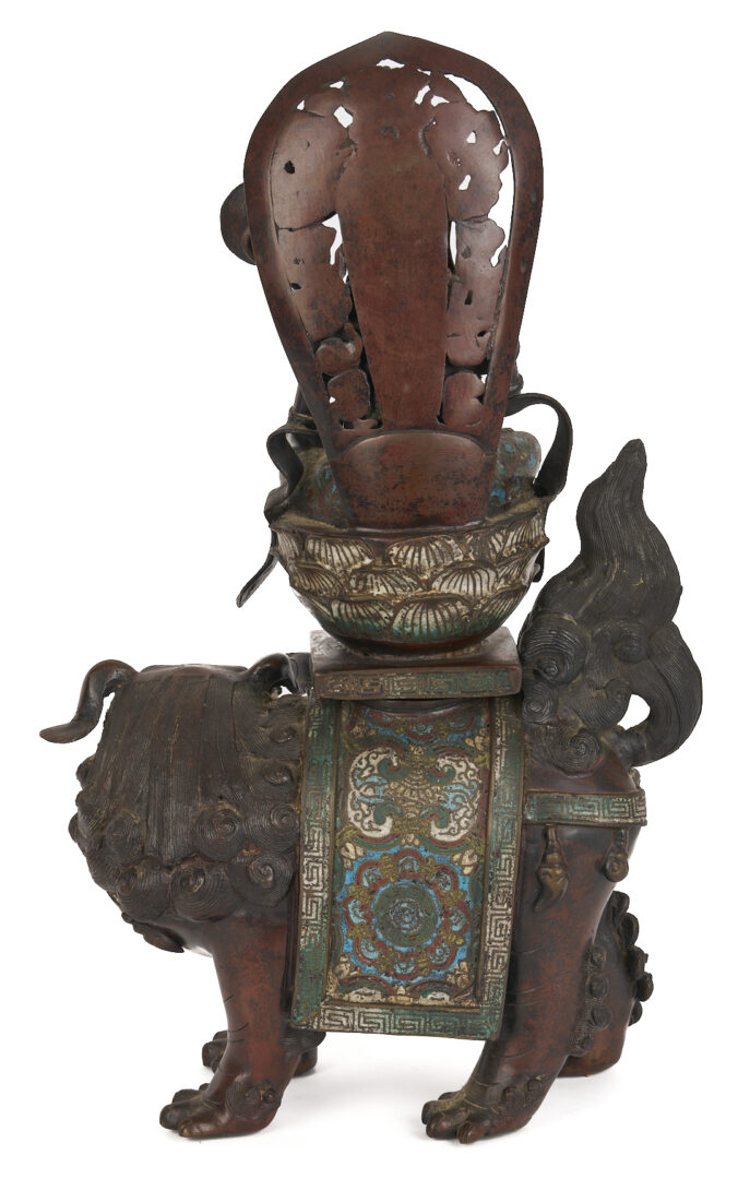 Lot 10: Chinese Bronze & Champleve Statue, Guanyin w/ Foo Dog & Carved Stand