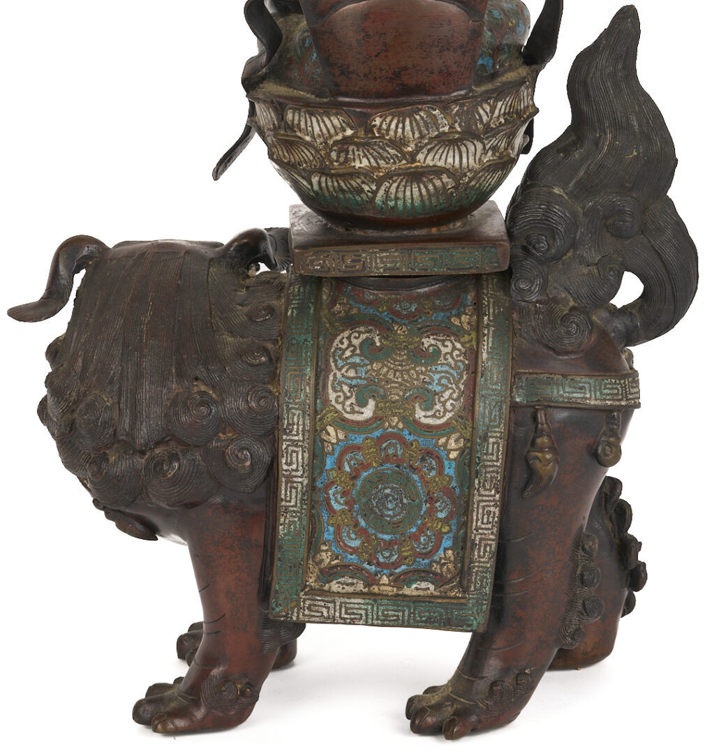 Lot 10: Chinese Bronze & Champleve Statue, Guanyin w/ Foo Dog & Carved Stand