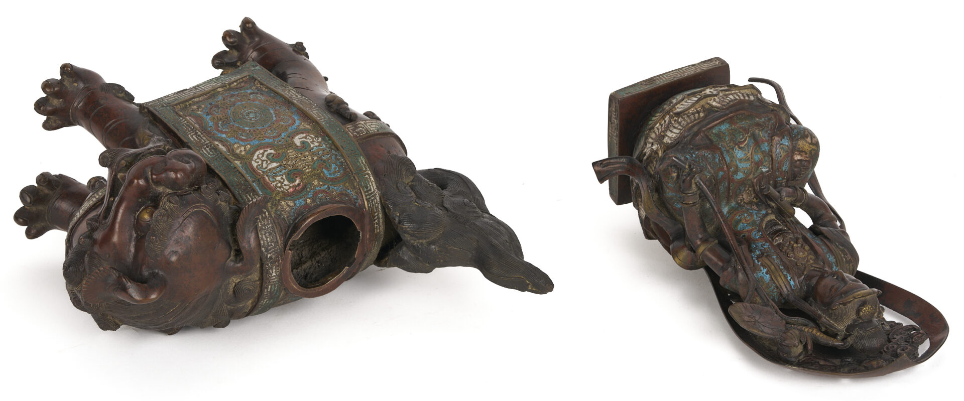 Lot 10: Chinese Bronze & Champleve Statue, Guanyin w/ Foo Dog & Carved Stand