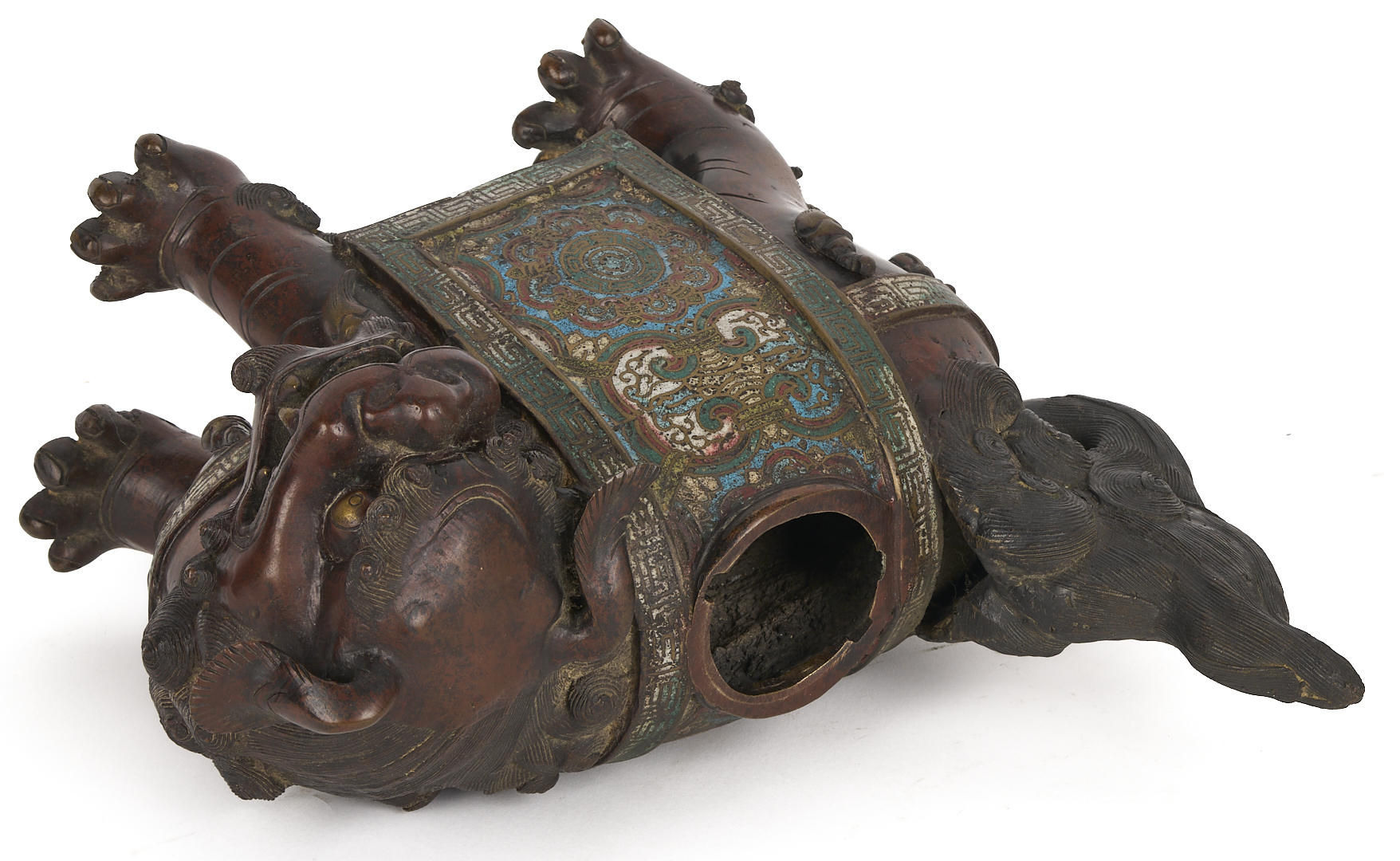 Lot 10: Chinese Bronze & Champleve Statue, Guanyin w/ Foo Dog & Carved Stand